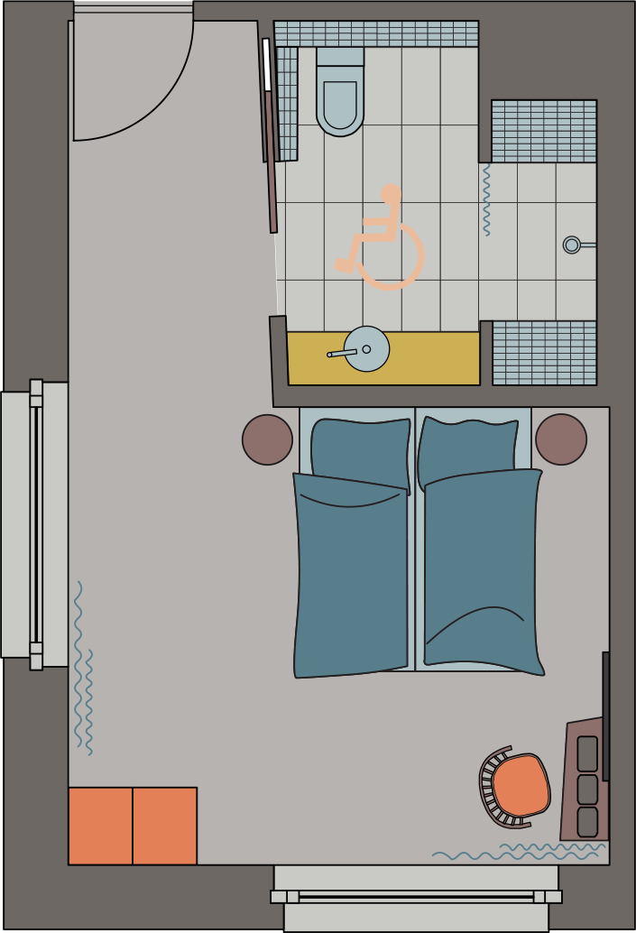 Floor plan of wheelchair friendly LARGE room with spacious bathroom