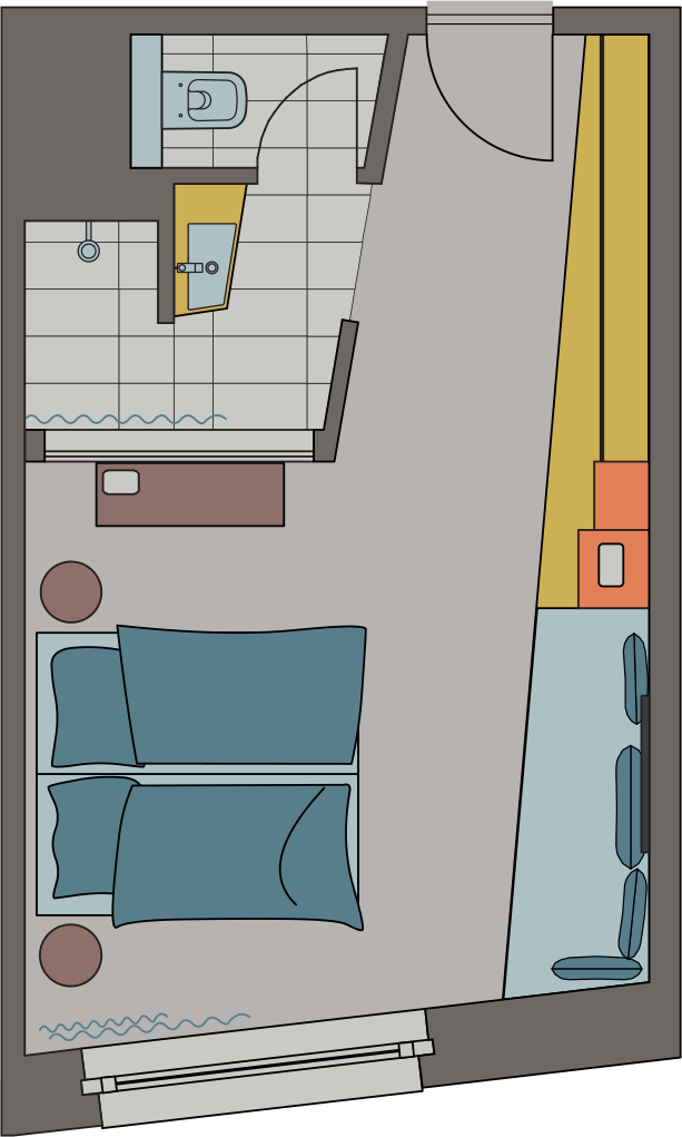 Floor plan of a MEDIUM PLUS room featuring a sleeping area, lounge sofa, open bathroom, and separate toilet.