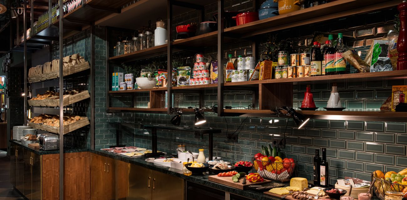 The breakfast buffet with various regional products 