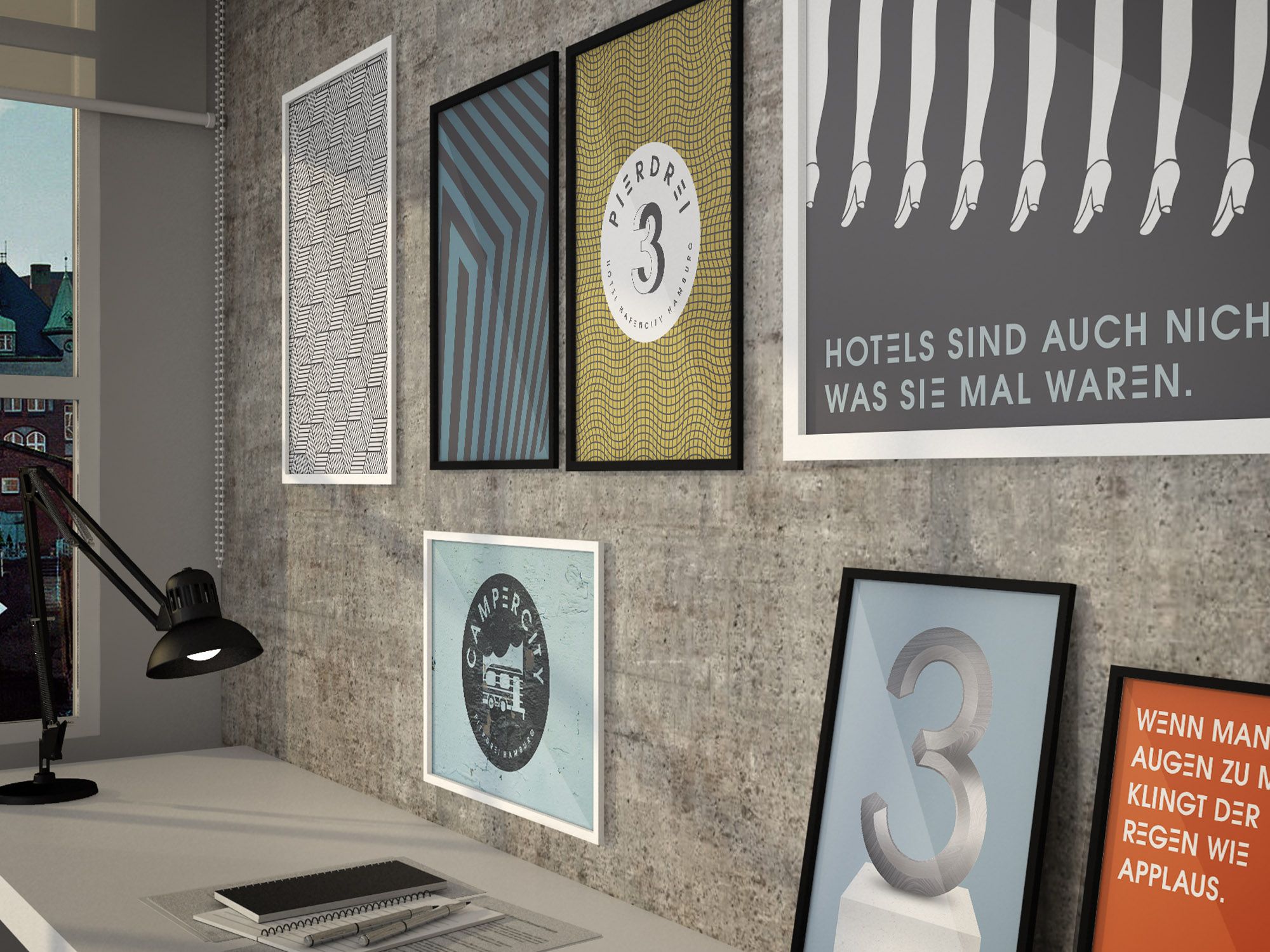 Framed logos of the HafenCity hotel and graphic patterns on a concrete wall